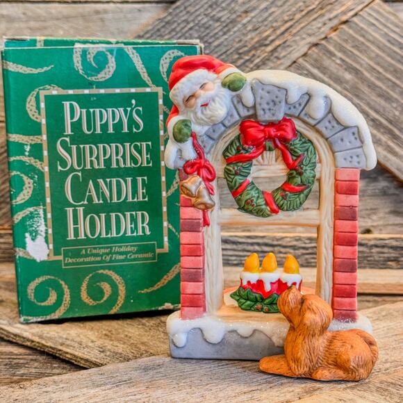 1980’s “Puppy Surprise Candle Holder”-Ceramic Christmas Decor w/ Box - Picture 1 of 8